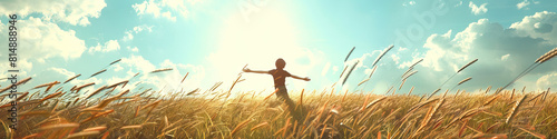 Field Freedom: Someone in an open field with eyes closed, arms outstretched, feeling the freedom of the open space and the touch of the wind on their skin.