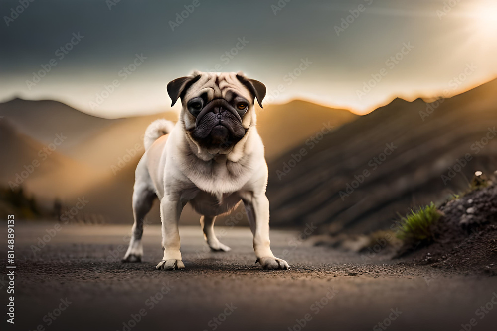 Small dog in nature. Funny pug in a warm sweater walks in the autumn park.