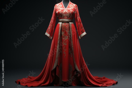 Luxurious red traditional dress with intricate embroidery displayed on a dark background