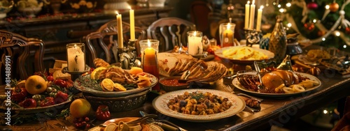 A table is set with a variety of food and drinks, including wine glasses