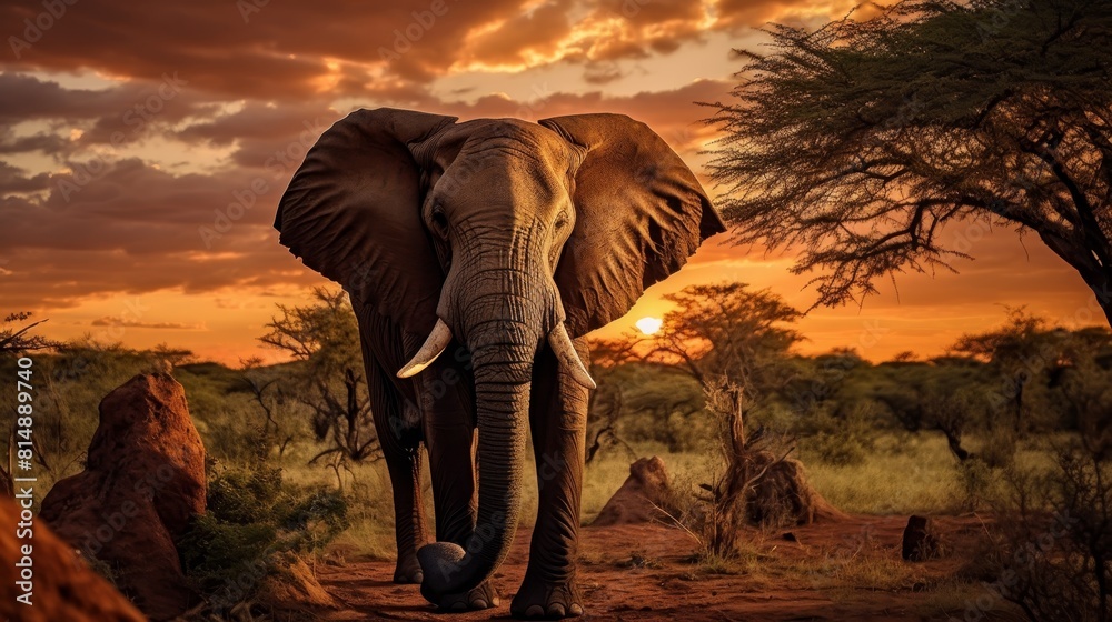 Fototapeta premium Majestic elephant silhouette against vibrant sunset sky in stunning natural scenery