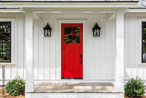 A front door detail of a white modern farmhouse with a red front door, black light fixtures, and a covered porch with white pillars. © Joe Hendrickson