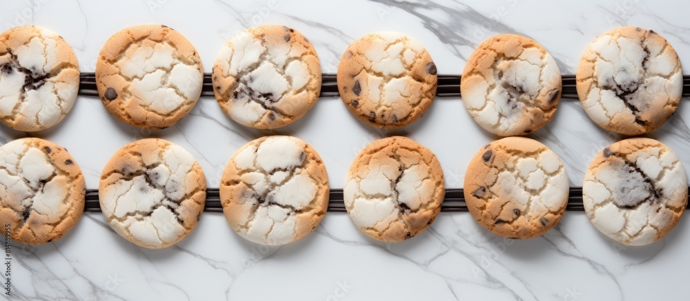 A top down view of marble cookies arranged on an iron lattice against a light backdrop with plenty of empty space for adding text or other elements. Copyspace image A top down view of marble cookies arranged on an iron lattice against a light backdrop with plenty of empty space for adding text or other elements. Copyspace image