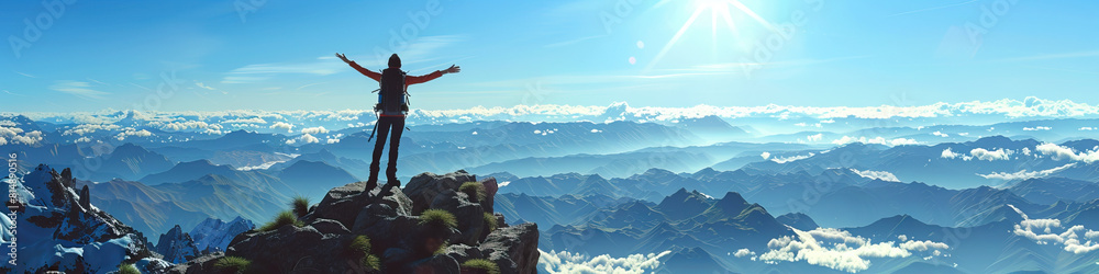 Summit Serenity: A hiker reaching the summit of a mountain with closed eyes, arms outstretched in triumph, feeling the cool mountain breeze and savoring the accomplishment. Summit Serenity: A hiker reaching the summit of a mountain with closed eyes, arms outstretched in triumph, feeling the cool mountain breeze and savoring the accomplishment.