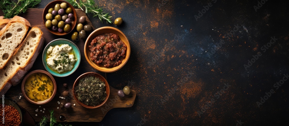 A top view copy space image showcases a spread of olive tapenade accompanied by homemade bread olives olive oil salt and black pepper It is displayed over a brown textured background enhancing the ov A top view copy space image showcases a spread of olive tapenade accompanied by homemade bread olives olive oil salt and black pepper It is displayed over a brown textured background enhancing the ov