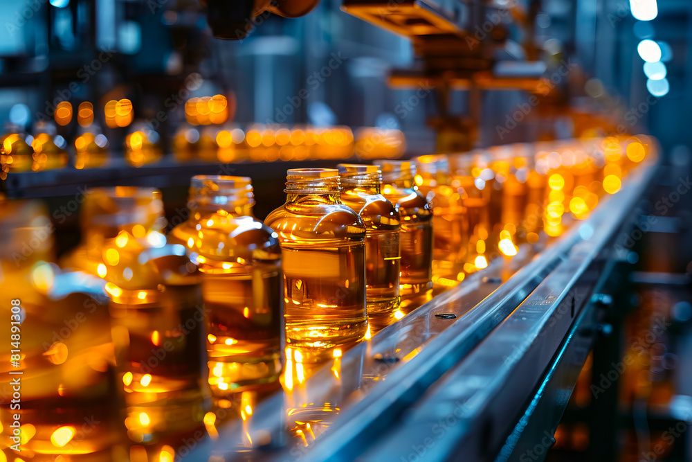 A factory with bottles of oil on the line. A factory with bottles of oil on the line.