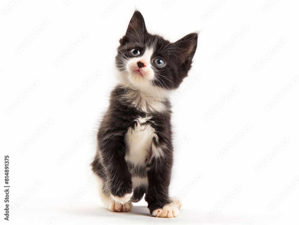 A black and white kitten standing up on a white background. A black and white kitten standing up on a white background.