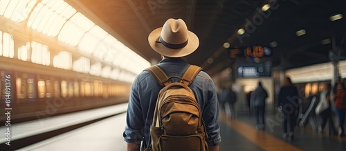 Fototapeta Naklejka Na Ścianę i Meble -  A traveler at the train station with a backpack and hat standing next to a copy space image