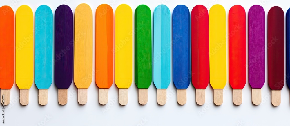 A vibrant assortment of wooden popsicle sticks resembling a rainbow is arranged on a plain white paper backdrop This captivating image showcases a delightful display of colors perfect for children s A vibrant assortment of wooden popsicle sticks resembling a rainbow is arranged on a plain white paper backdrop This captivating image showcases a delightful display of colors perfect for children s