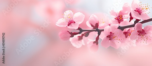 A beautiful image of vibrant pink cherry blossoms in full bloom with ample empty space for text or other elements in the photograph