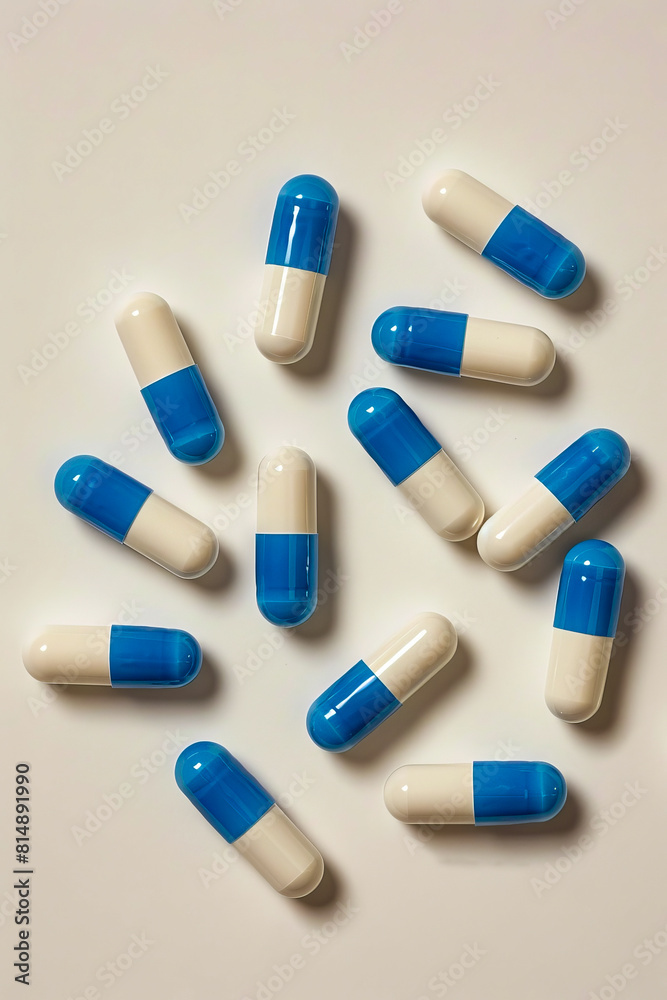 A group of blue and white pills on a white surface. A group of blue and white pills on a white surface.