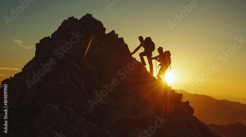 The silhouette of two hikers helping each other reach the top of a mountain at sunset