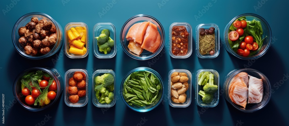 A visually appealing copy space image of an assortment of fresh vegetables meat and cookies arranged neatly in food containers viewed from above against a blue backdrop A visually appealing copy space image of an assortment of fresh vegetables meat and cookies arranged neatly in food containers viewed from above against a blue backdrop