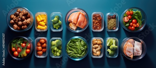 A visually appealing copy space image of an assortment of fresh vegetables meat and cookies arranged neatly in food containers viewed from above against a blue backdrop