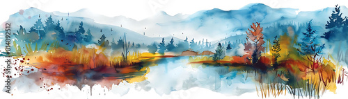 watercolor illustration of a serene lake with trees and mountains in the background