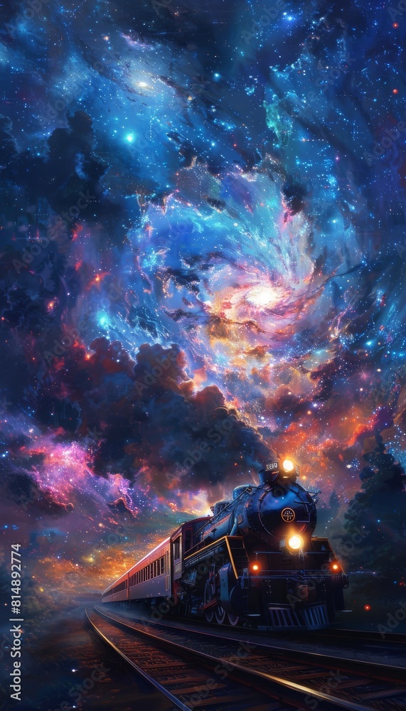 Obraz premium Cosmic express train, weaving through a scenic route dotted with stars, planets, and galaxies
