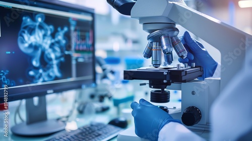 Chemical analysis in a medical lab, doctor using a microscope to examine biological cells, hightech laboratory equipment