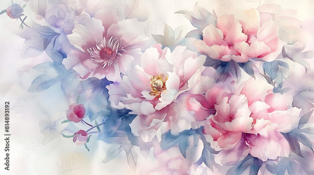 watercolor painting of peony flowers in various shades of pink and white