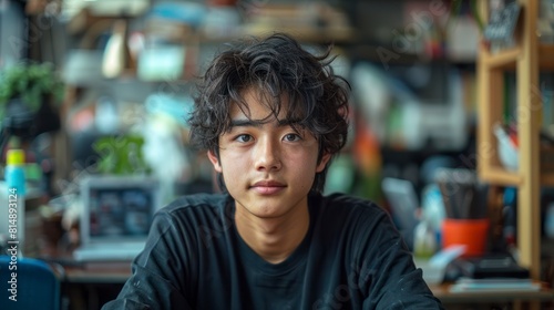 Japanese teen entrepreneur designing a website for his new online business