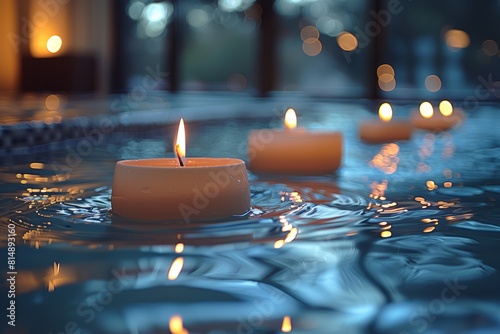 Two amber colored candles floating on top of blue rippling water with blurred background of out of focus lights.