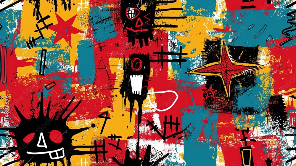 Naklejka premium punk pop rock style elements abstract face with grungy texture with color splash abstract background, seamless pattern tile, Generative Ai