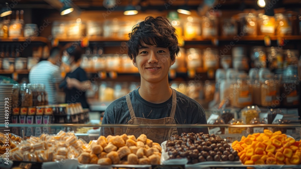 Japanese teen entrepreneur setting up a popup store to sell homemade snacks