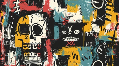 punk pop rock style elements abstract face with grungy texture with color splash abstract background, seamless pattern tile, Generative Ai