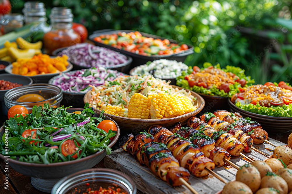 Side dishes like coleslaw, potato salad, and corn on the cob on the picnic table Variety of natural foods and ingredients displayed on the table Side dishes like coleslaw, potato salad, and corn on the cob on the picnic table Variety of natural foods and ingredients displayed on the table