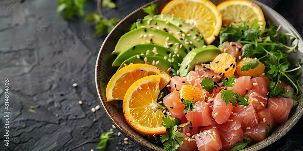 Overhead shot of Hawaiian tuna poke bowl garnished with orange slices and avocado. Concept Food Photography, Hawaiian Cuisine, Poke Bowl, Fresh Ingredients Overhead shot of Hawaiian tuna poke bowl garnished with orange slices and avocado. Concept Food Photography, Hawaiian Cuisine, Poke Bowl, Fresh Ingredients