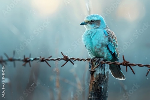 A European roller perched on a barbed wire fence post with a soft focus background