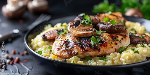Grilled chicken risotto with mushrooms: A mouthwatering delight on a black background. Concept Food Photography, Grilled Chicken, Risotto, Mushrooms, Black Background photo