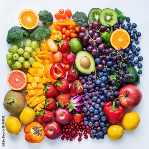 A variety of vibrant organic fruits and vegetables displayed against a transparent background