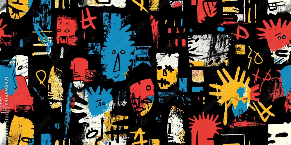 Naklejka premium punk pop rock style elements abstract face with grungy texture with color splash abstract background, seamless pattern tile, Generative Ai