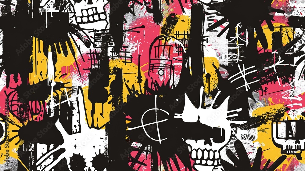 Naklejka premium punk pop rock style elements abstract face with grungy texture with color splash abstract background, seamless pattern tile, Generative Ai