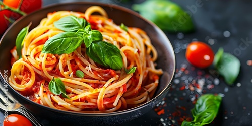 Classic Dish  Spaghetti in Tomato Sauce with Basil Leaves. Concept Italian Cuisine  Pasta Recipes  Popular Dishes  Cooking Basics
