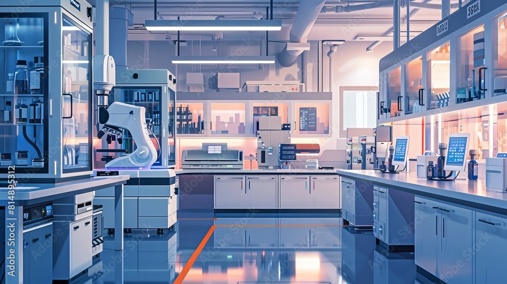 Illustration of a biotech lab focused on developing biosensors Illustration of a biotech lab focused on developing biosensors