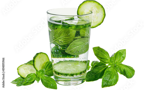 Glass of Cool Cucumber Water with Basil, Secluded on White
