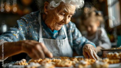 Photo realistic: An elderly woman in a wheelchair baking cookies with her grandchildren, showcasing the joy of family bonds and resilience in the face of disabilities Stock Photo