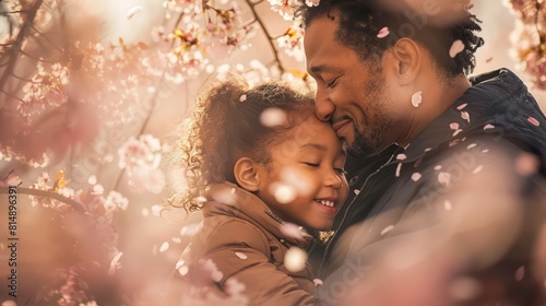 A father and daughter share a warm embrace in a sunlit park, their smiles radiating joy and love as they enjoy a bonding moment captured beautifully in a heartwarming photography session. photo