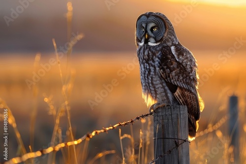 A great gray owl sits perched on a fence post in golden light in Jackson Hole, Wyoming photo