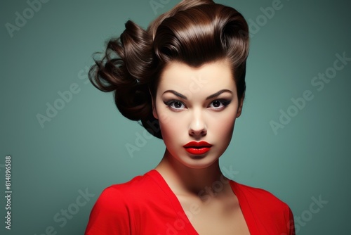 Portrait of a stunning woman adorned with a classic 1950s hairstyle and bold red lipstick