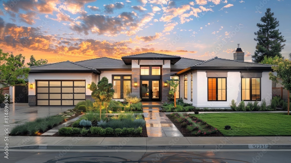 Beautiful New Home Exterior and Landscaping on Sunny Afternoon