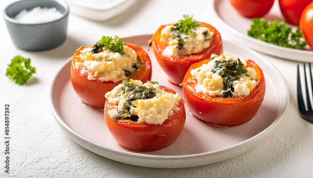 Stuffed baked tomatoes with spinach and ricotta cheese on table. Tasty vegetarian food for dinner Stuffed baked tomatoes with spinach and ricotta cheese on table. Tasty vegetarian food for dinner