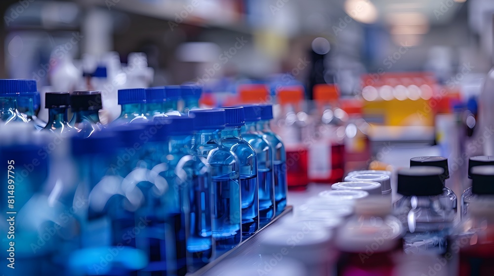 Fototapeta premium Close-Up View of Laboratory Glassware with Flowing Liquids in a Blurred Commercial Setting
