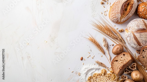 complex carbs  such as whole grain bread  pasta  and potatoes  alongside granola  neatly arranged on a white background  with a piece of rye toast leaning against them.
