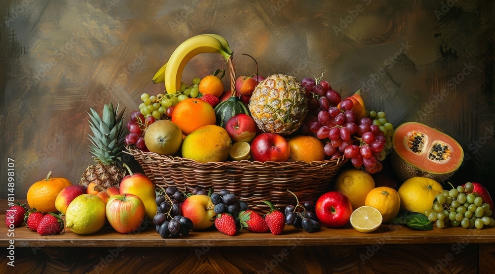 Basket of fresh fruits, including grapes, bananas, strawberries and pineapples,