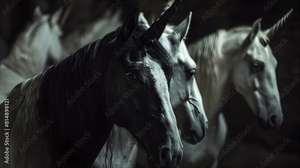 Obraz premium Haunting Editorial of Dark Stall Filled with Mysterious All-White Horses and a Lone Black Unicorn