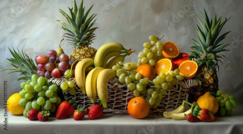 Basket of fresh fruits  including grapes  bananas  strawberries and pineapples 