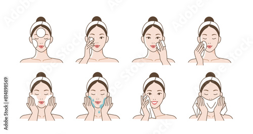 Skincare illustrations set. Collection of girl applying cleansing products and washing her face with water. Beauty and hygiene concept. Vector illustration. 