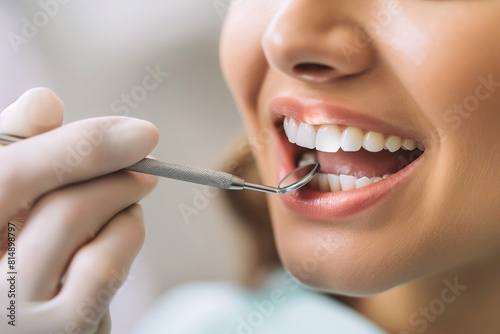 A woman undergoing a dental cleaning with a dentist brushing her teeth.